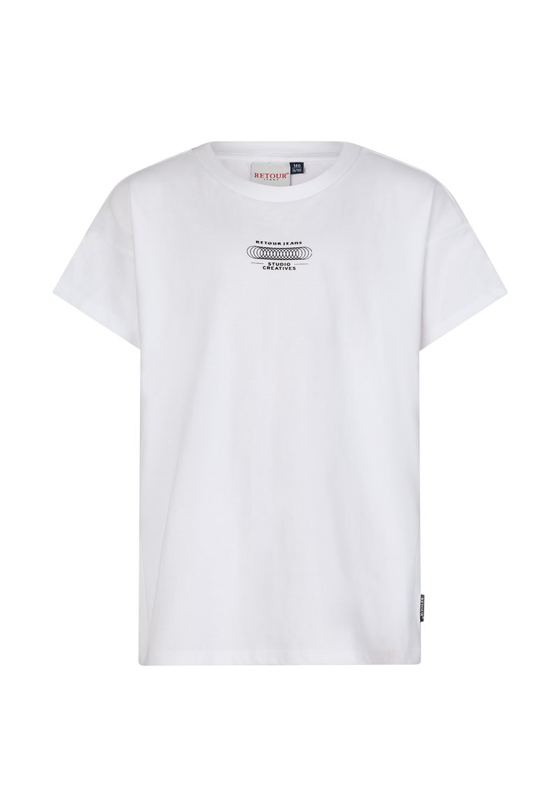 Biała bawełniana koszulka z krótkim rękawem, z czarnym graficznym nadrukiem tekstu i falistych linii na przodzie. Miękka struktura i klasyczny krój.