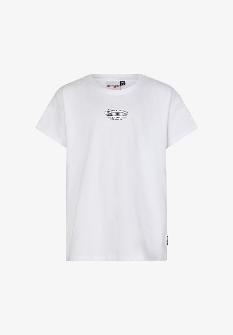 Biała bawełniana koszulka z krótkim rękawem, z czarnym graficznym nadrukiem tekstu i falistych linii na przodzie. Miękka struktura i klasyczny krój.