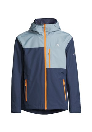 Vedenkestävä takki sinisessä ja vaaleanharmaassa värissä, jossa on oranssi vetskari, huppu, vetskarilliset taskut ja kontrastiväriset paneelit.
