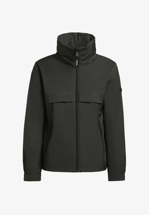 Veste vert foncé avec un col haut, fermeture éclair devant et deux grandes poches poitrine. Le tissu semble lisse avec un léger éclat.