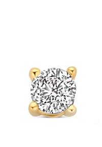 Round, clear diamond stud earring set in yellow gold. Four prongs hold the stone, showcasing its brilliance with a smooth, polished finish.