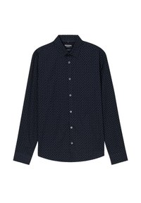 Camisa azul marino de manga larga, con botón en la parte delantera, patrón geométrico blanco pequeño y diseño con cuello.