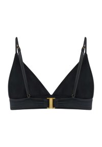 Μαύρο τρίγωνο bralette με λεπτές ρυθμιζόμενες τιράντες και χρυσό ορθογώνιο κούμπωμα μπροστά σε λευκό φόντο.