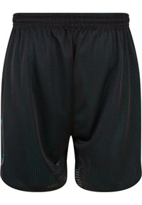 Svarte idrettsshorts laget av mesh-stoff, med en pustende design med små perforeringer og elastisk midje for komfort.