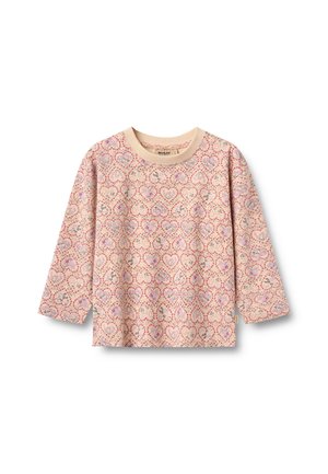 Beige overhemd met lange mouwen met roze en paarse bloemige hartpatronen, met een ronde hals en een klein zijlabel.
