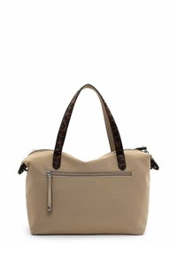 Borsa beige con manici a stampa leopardata, tasca frontale con zip e superficie liscia, su uno sfondo bianco.