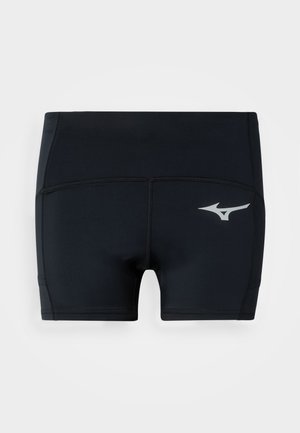 Melni sporta peldbikses ar plakanām šuvēm un baltu Mizuno logo uz labā gurna, attēlotas uz vienkārša balta fona.