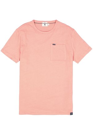 Helles, pinkes Leinen-T-Shirt mit Rundhalsausschnitt, kurzen Ärmeln und einer linken Brusttasche. Verfügt über ein kleines Markenetikett auf der Tasche.