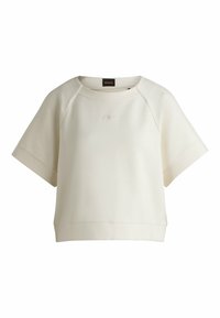 Light beige short-sleeve sweatshirt with a crew neckline and embroidered logo on the front. Smooth fabric with a slightly relaxed fit.