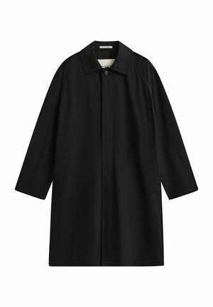 Long imperméable noir avec un col, des boutons avant dissimulés et des poches latérales, présenté à plat sur un fond blanc.