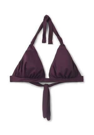Top bikini a triangolo viola con spalline regolabili e texture arricciata. Presenta una chiusura con lacci sul retro per una vestibilità sicura.