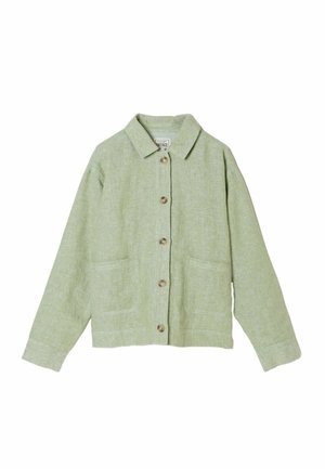 Veste en lin vert clair à boutons, avec col, deux poches avant plaquées, manches longues et coupe décontractée.