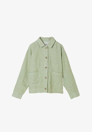 Hele roheline linane nööpidega jakk krae ja kahe ees oleva tikandtaskuga, pikad varrukad ja vaba istuvusega.