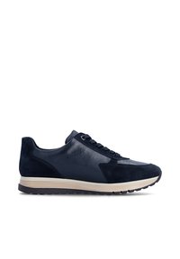 Baskets en cuir et daim bleu foncé avec une semelle beige stratifiée et une semelle noire, vues de côté sur fond blanc.
