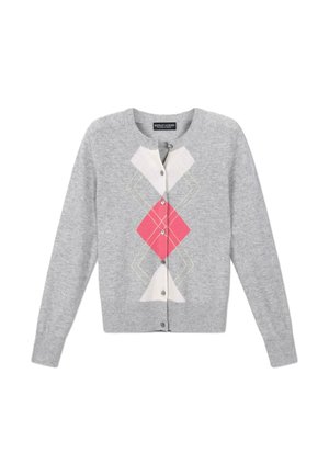 Lichtgrijze cardigan met centraal een roze-wit ruitpatroon, knoopsluiting en geribde boorden aan mouwen en zoom.