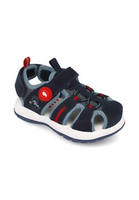 Sandal navy y gris con parte superior de malla, correa ajustable, acentos rojos y suela blanca con recortes para ventilación y comodidad.