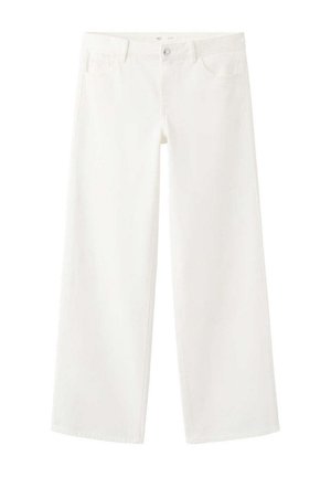 Pantalon blanc à jambes larges avec bouton à l'avant et poches, fabriqué en tissu lisse, présenté sur un fond blanc uni.