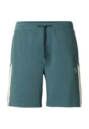 Turkooizen sportkorte broek met elastische tailleband, trekkoord, zijpanelen in crème kleur en een klein logo op het rechtervoorbeen.