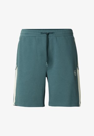 Pantaloncini sportivi turchesi con elastico in vita, coulisse, pannelli laterali crema e piccolo logo sulla parte anteriore della gamba destra.