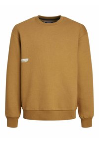 Sudadera mostaza de algodón suave, con cuello redondo, puños acanalados y un sutil detalle de logo en el frontal.