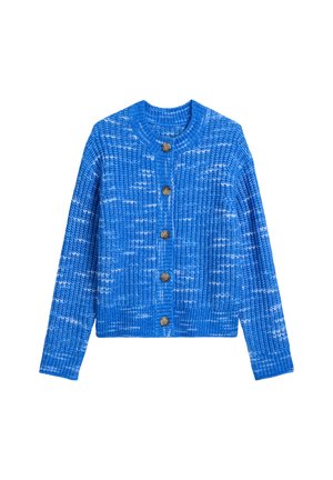 Blauer Strickcardigan mit strukturiertem Muster, Rundhalsausschnitt und fünf Holzknöpfen vorne. Lange Ärmel.
