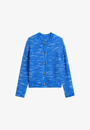 Blauwe gebreide cardigan met een gestructureerd patroon, ronde halslijn en vijf houten knopen aan de voorkant. Lange mouwen.