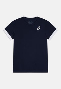 T-paita navy blue lyhyt hiha urheiluun, jossa on valkoiset hihansuut ja pieni valkoinen Asics-logo vasemmassa rintakehässä.