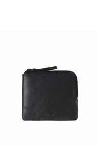 Black leather wallet with a zippered closure, rectangular shape, smooth texture, and subtle embossed logo detail on the front.
