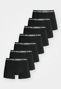 Juodi trumpikių šortai penkių pakuotėje, su elastiniu juosmeniu, ant kurio užrašyta "KARL LAGERFELD" balta spalva, pagaminti iš lygaus medvilninio audinio.