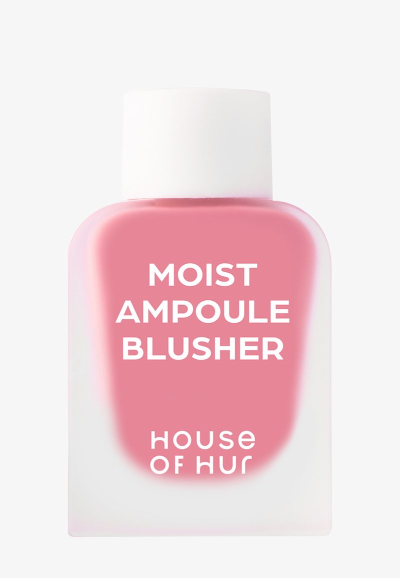 Liten rektangulær flaske med hvit kork, som inneholder rosa væske merket Moist Ampoule Blusher fra House of HuR.