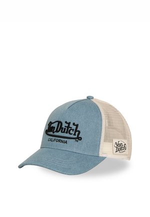 Blaue und beige Mesh Von Dutch Baseballkappe mit schwarzem besticktem Logo und dem Schriftzug „California“ vorne und am Seitenaufnäher.