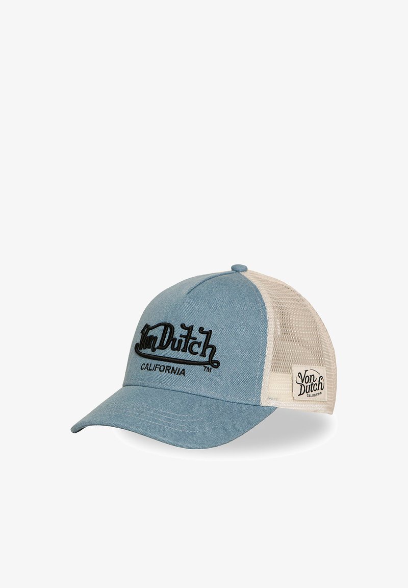 Casquette de baseball en mesh bleu et beige Von Dutch avec logo brodé noir et texte "California" à l'avant et sur le patch latéral.