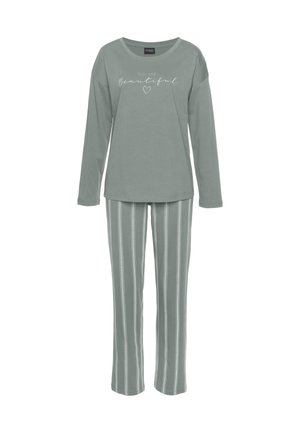 Long-sleeve green-gray pajama top with "You are beautiful" text and heart, paired with matching green-gray striped pants.