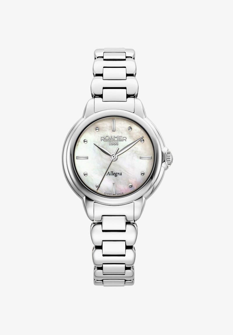 Srebrny zegarek ze stali nierdzewnej z okrągłą tarczą z masy perłowej, srebrnymi wskazówkami, punktowymi znacznikami godzin i bransoletą typu link.