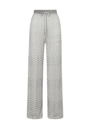 Pantaloni a gamba larga con motivo a zigzag grigio e bianco, vita elasticizzata e coulisse sul davanti.