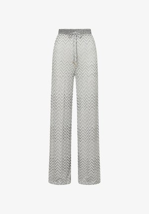 Pantaloni a gamba larga con motivo a zigzag grigio e bianco, vita elasticizzata e coulisse sul davanti.