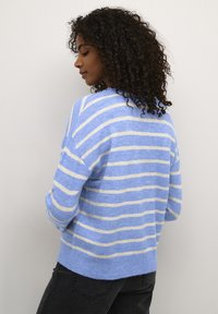 Lichtblauwe trui met witte strepen, gemaakt van zacht materiaal. Heeft een relaxed fit, verlaagde schouders en ribbelboorden aan de onderkant en mouwen.