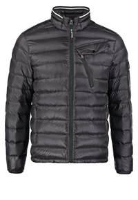 Chaqueta acolchada negra con diseño acolchado, cuello alto y cierre frontal con cremallera. Cuenta con un bolsillo en el pecho y bolsillos laterales para mayor comodidad.