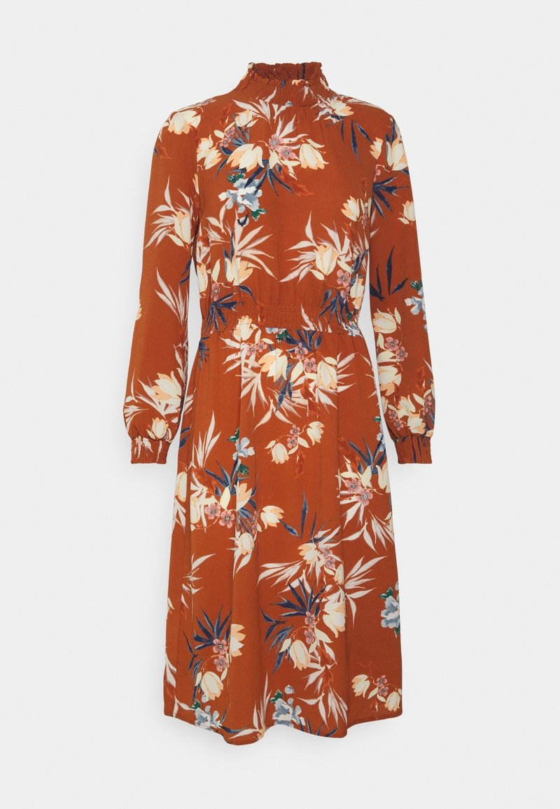 Robe orange rouille à manches longues, col haut avec volants, imprimé floral en crème, bleu et vert, taille élastique et poignets froncés.
