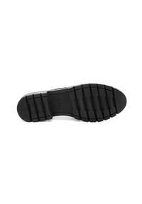 Zwarte rubberen buitenzool met diepe groeven en nopjes voor grip. Ronde neus met een platte hak, ontworpen voor duurzaamheid en comfort.