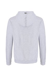 Grijze hoodie met een voorzak, lange mouwen en geribbelde manchetten, met een zachte textuur en een gevoerde capuchon achteraan.