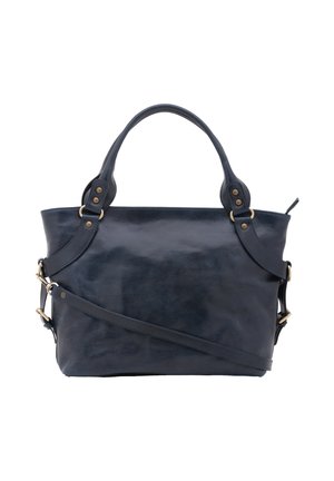 Sac à main en cuir bleu marine avec deux poignées, une bandoulière réglable et des ferrures ton laiton sur fond blanc.