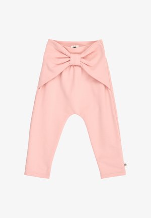 Zachte roze babybroekjes met een grote stoffen strikdetail bij de taille en een verlaagde kruisnaad, gemaakt van glad, rekbaar materiaal.