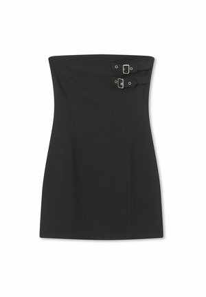 Must mustriba kleit, mis sisaldab kahte dekoratiivset pannalit, täiustatud sobivust ning sujuvat tekstuuri ilma lisamustrite või kaunistusteta.