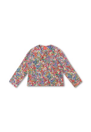Bloemmotief blouse met lange mouwen, voorzien van een kraag, in levendige kleuren zoals rood, blauw en geel, en een textiel met een structuur van kleine bloemen.