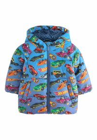 Padded blue jacket featuring a repeated colorful print of various toy cars, front zipper, and a hood.
