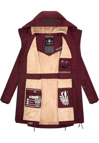 Maroon jacket with a soft beige lining, multiple pockets, and logo details. Features a high collar and zippers on the sleeves.