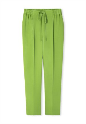 Pantalon vert vif avec taille élastique et lien à l'avant, coupe droite, en tissu lisse.