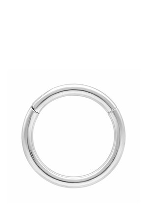 Smooth silver circular hoop earring with a seamless clasp, shown against a white background.