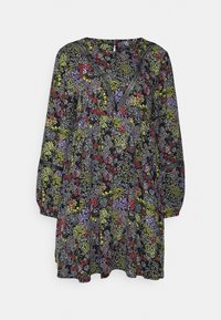 Vestido floral em azul marinho com mangas bufantes longas, decote em V e detalhes intrincados. Apresenta uma estampa colorida de flores em vermelho, verde e roxo.